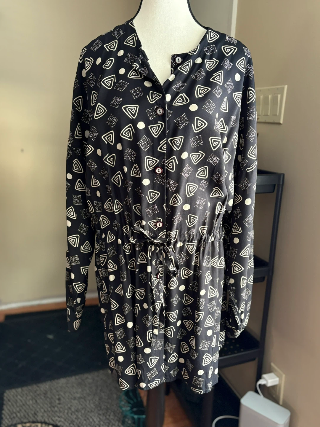 Vintage Geometric Print Dress with Tie Waist Tunic - photo 3