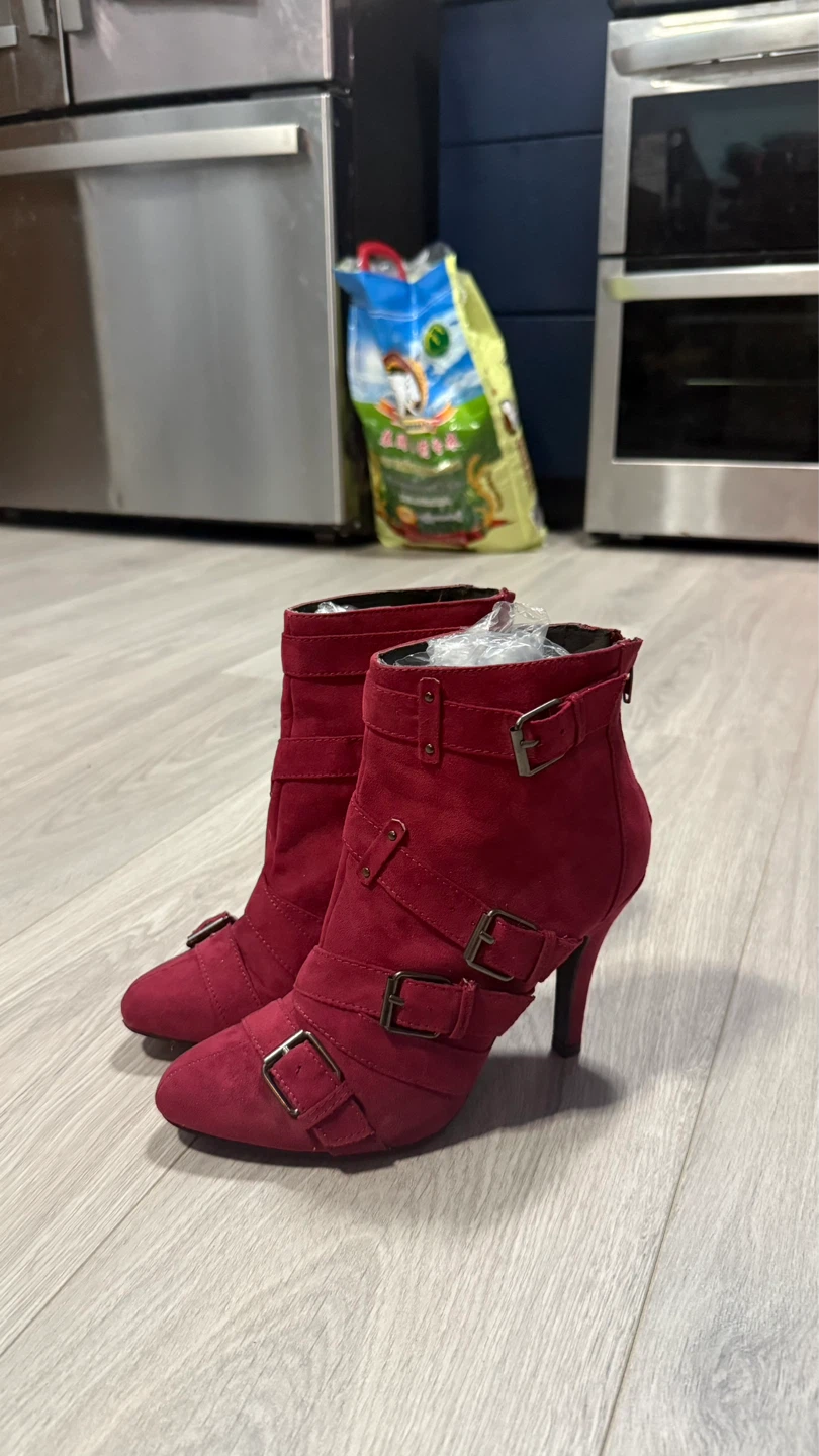 Red Suede Buckle Ankle Boots size 7.5 check more photos