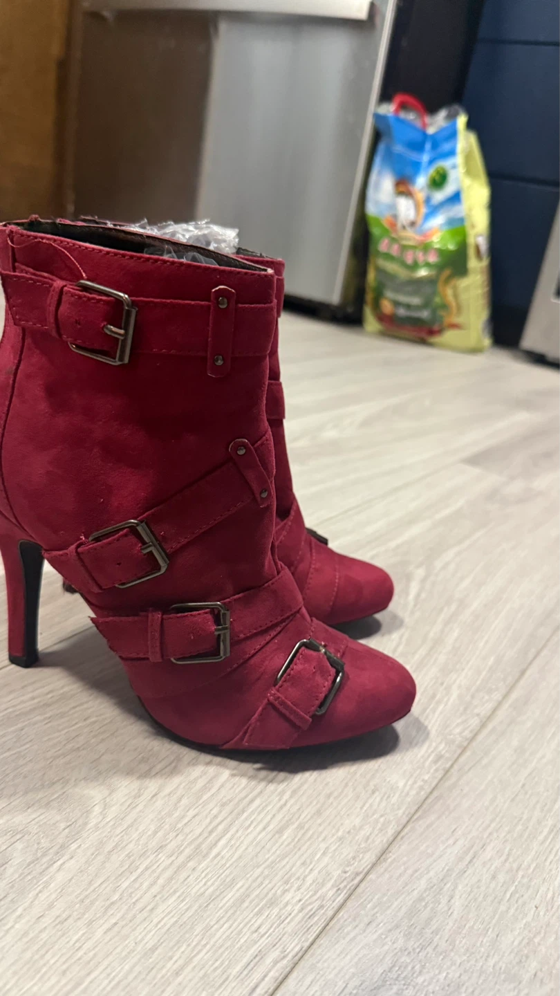 Red Suede Buckle Ankle Boots size 7.5 check more photos - photo 5