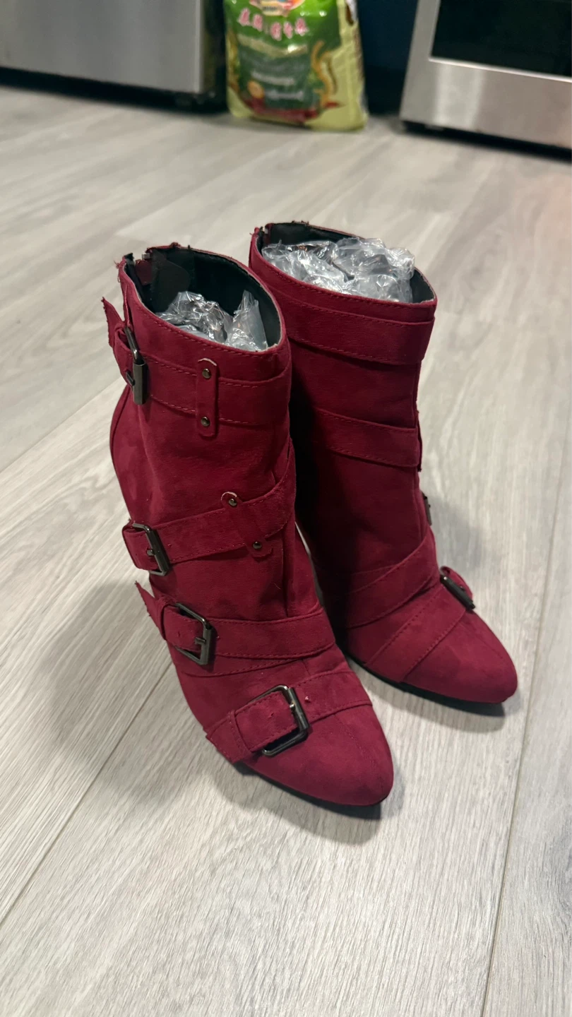 Red Suede Buckle Ankle Boots size 7.5 check more photos - photo 2