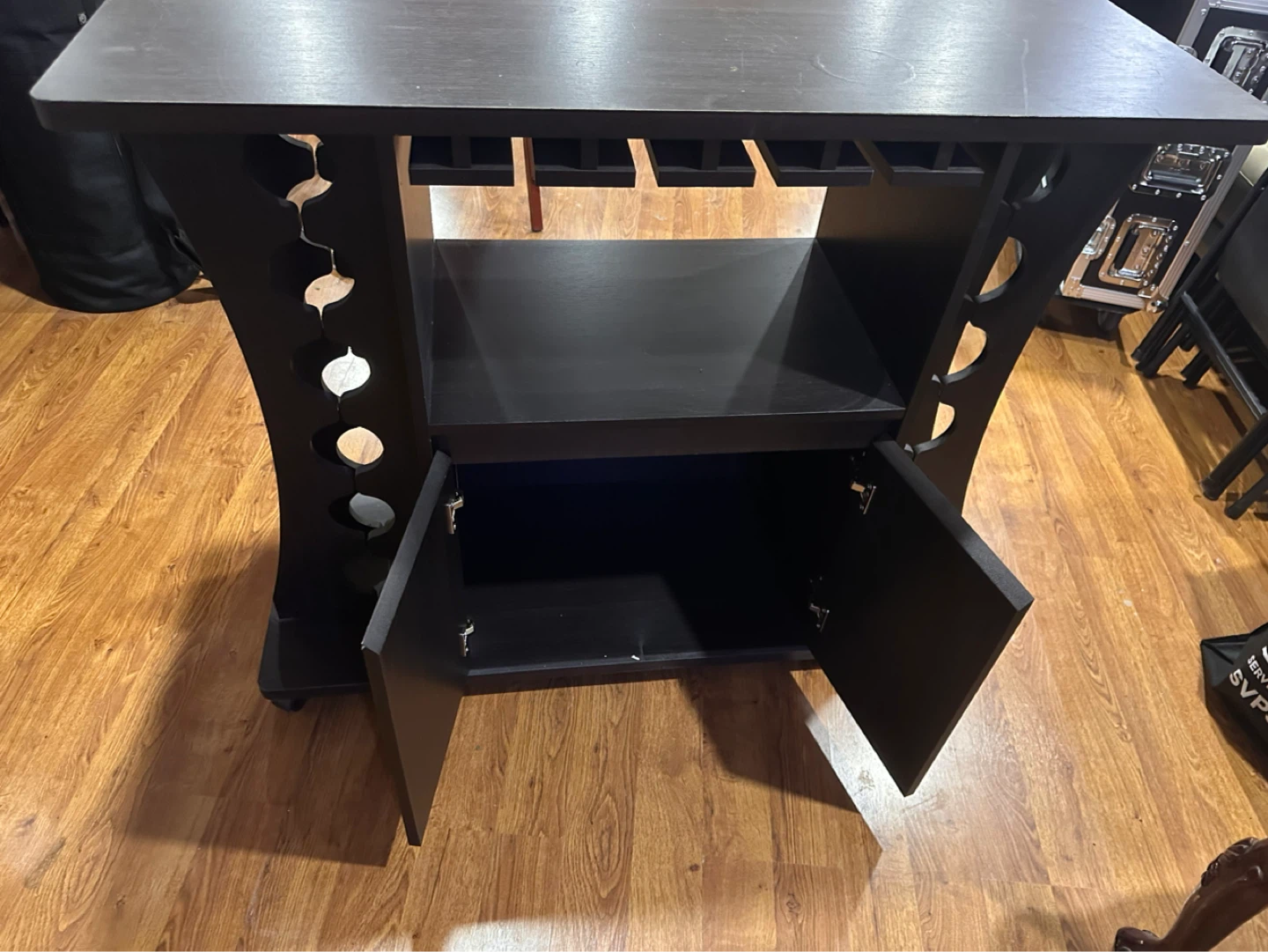 Dark Wood Bar Cart with Wine Glass Rack and Cabinet - photo 2