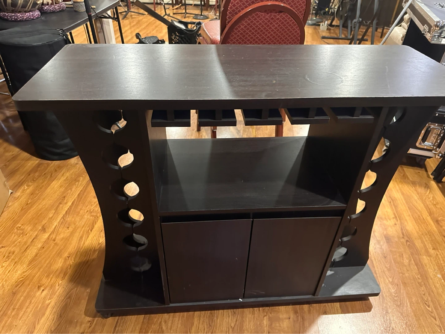 Dark Wood Bar Cart with Wine Glass Rack and Cabinet
