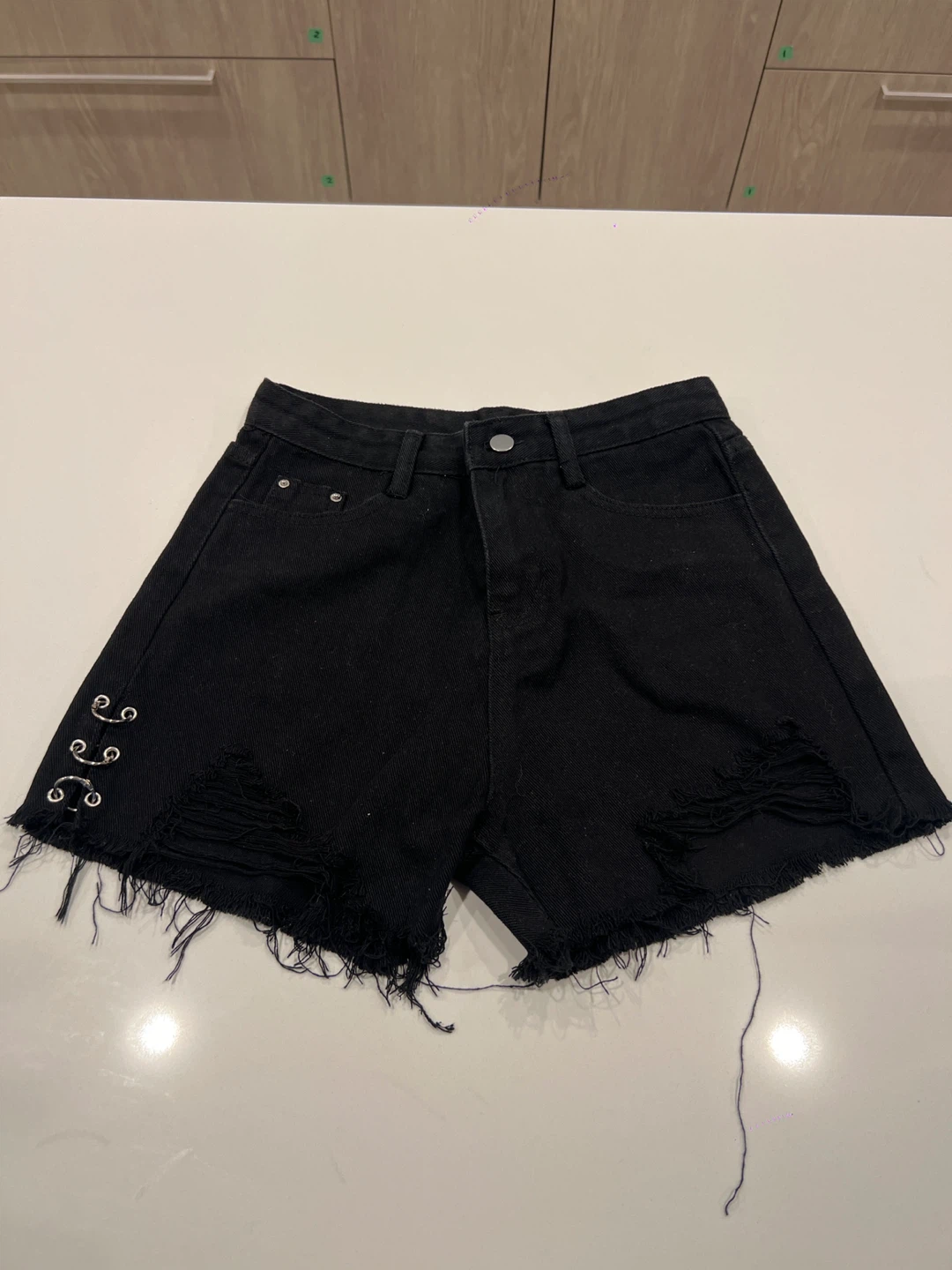 Black Distressed Denim Shorts with Ring Detail