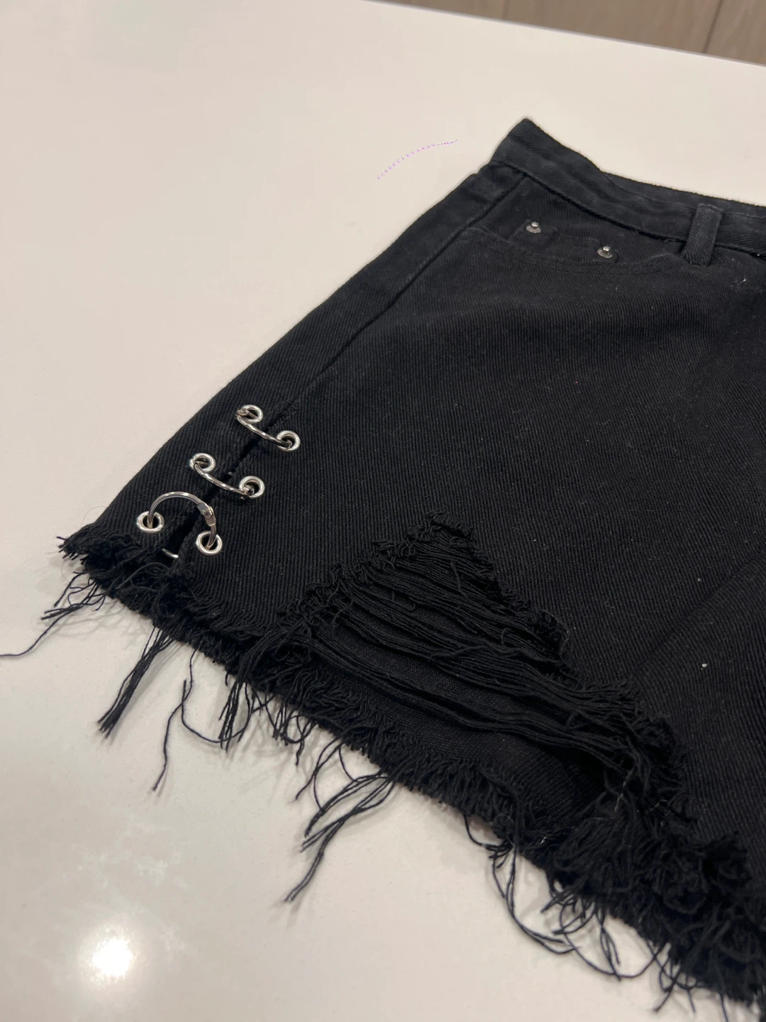 Black Distressed Denim Shorts with Ring Detail - photo 2