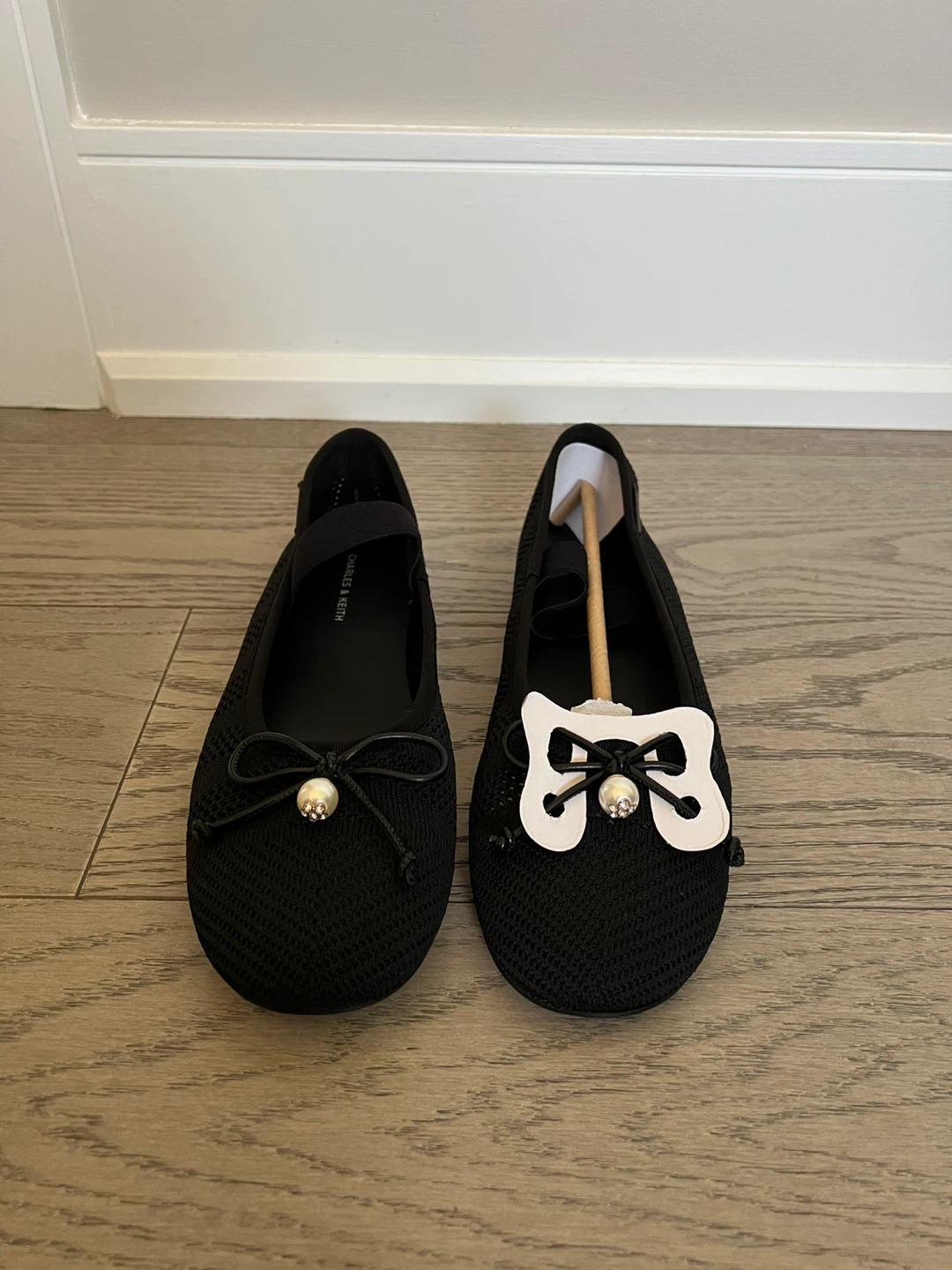 Charles & Keith Black Knit Ballet Flats with Bow Detail