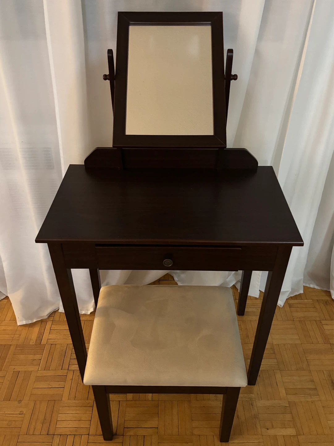 Dark Wood Vanity Table with Mirror and Stool