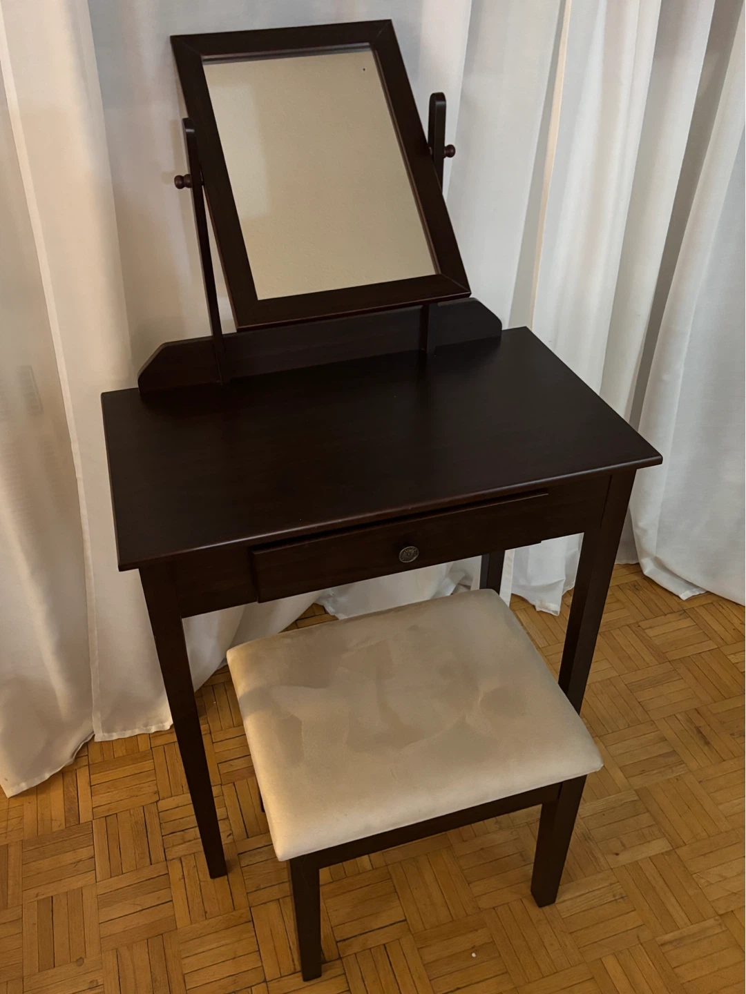 Dark Wood Vanity Table with Mirror and Stool - photo 4