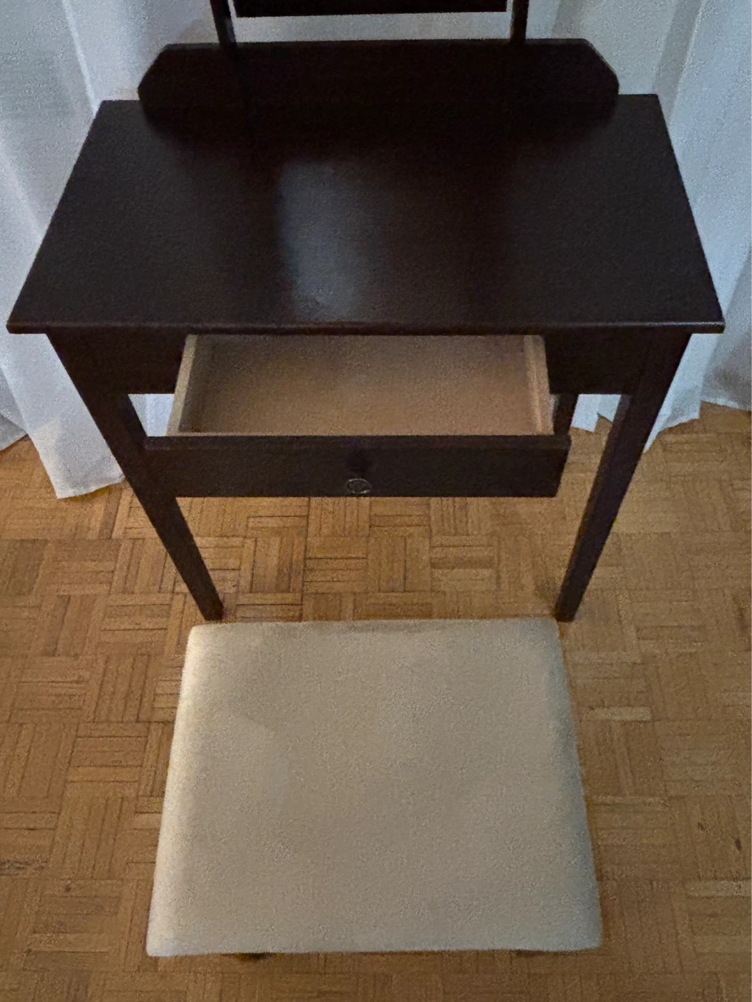 Dark Wood Vanity Table with Mirror and Stool - photo 3