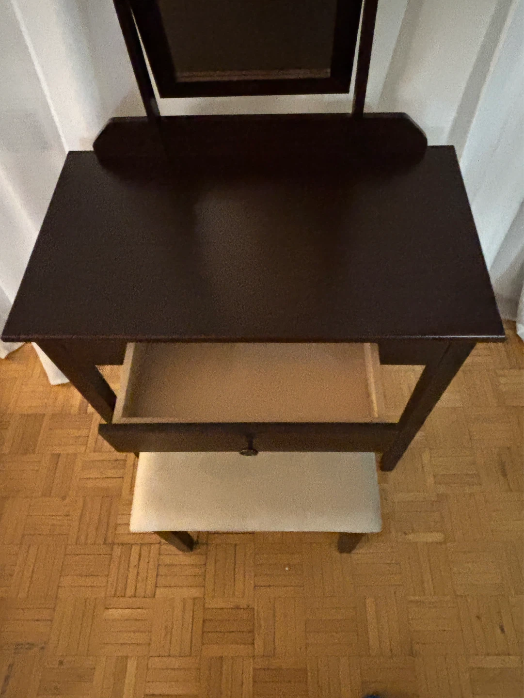 Dark Wood Vanity Table with Mirror and Stool - photo 2