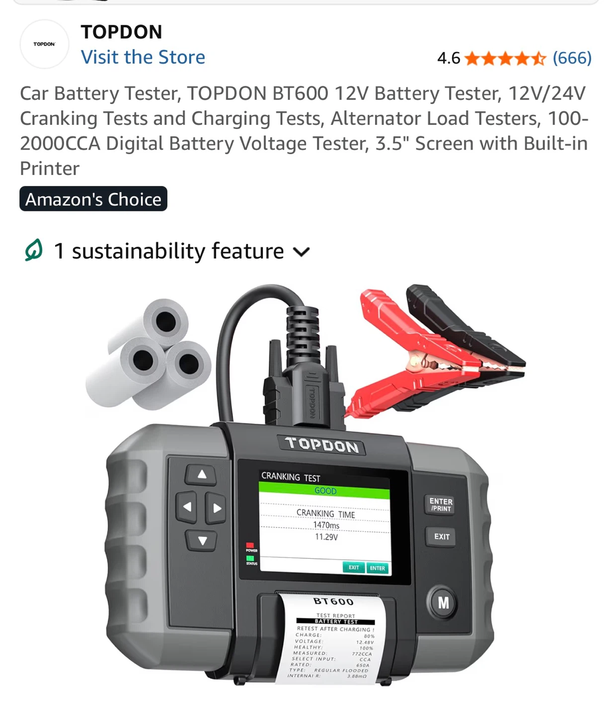 TOPDON BT600 12V/24V Car Battery Tester with Built-in Printer - photo 2