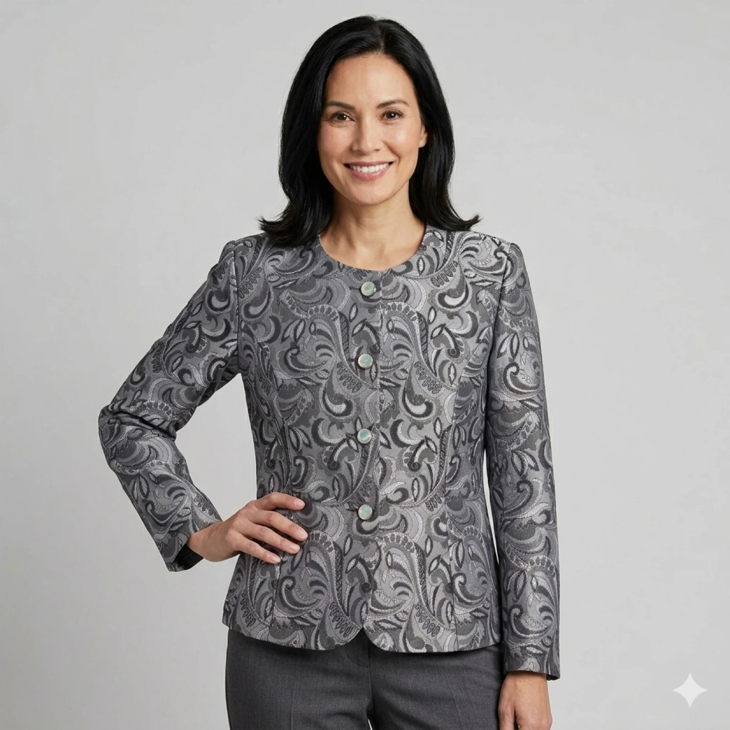 Tradition Metallic Paisley Collarless Blazer Silver Size 16