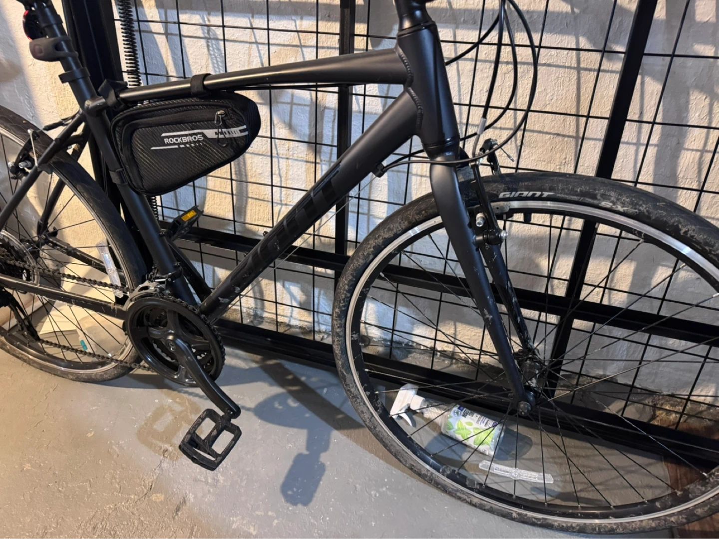 Black Hybrid Bike with Rockbros Saddle Bag