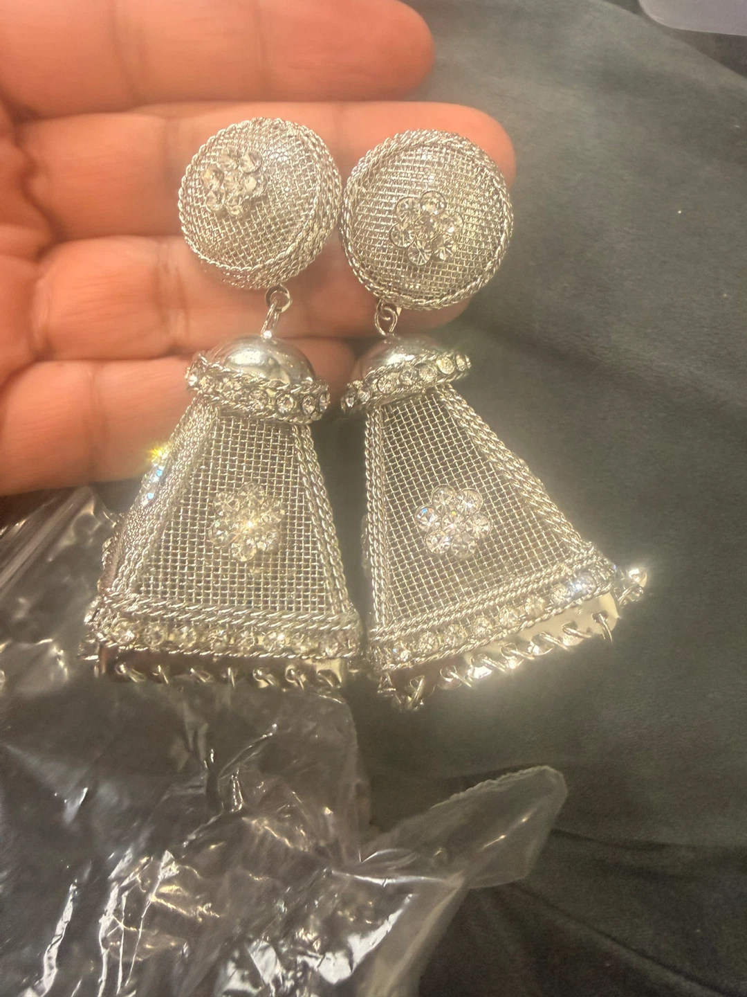 Silver Mesh Jhumka Earrings with Rhinestones