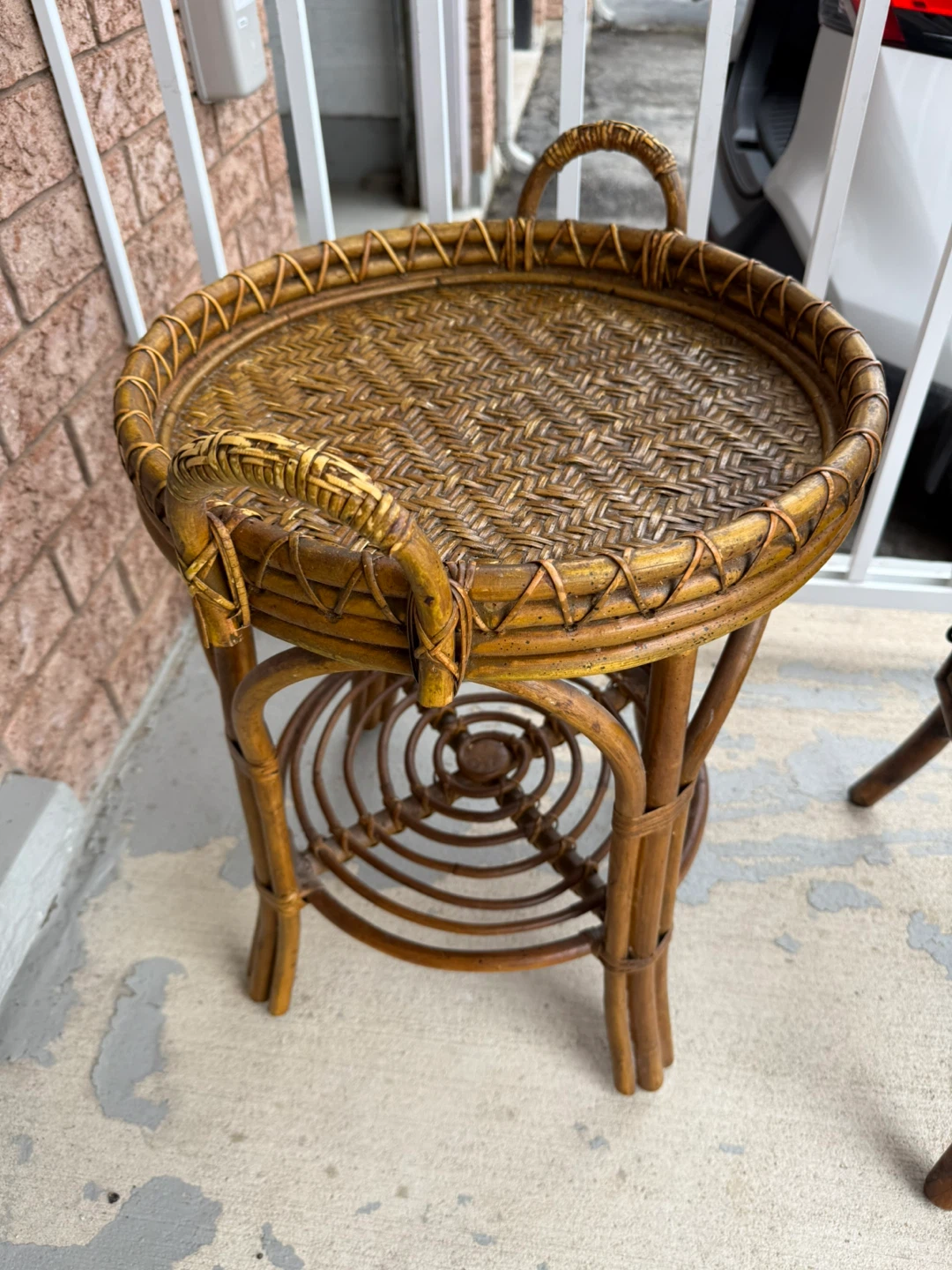 Vintage Rattan Side Table with Shelf - photo 3
