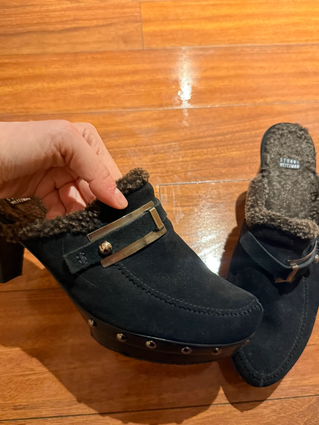Stuart Weitzman Black Suede Fur Lined Clogs - photo 3