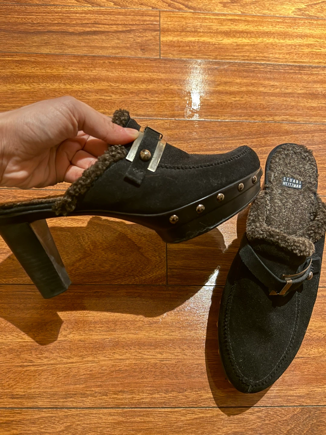 Stuart Weitzman Black Suede Fur Lined Clogs - photo 2