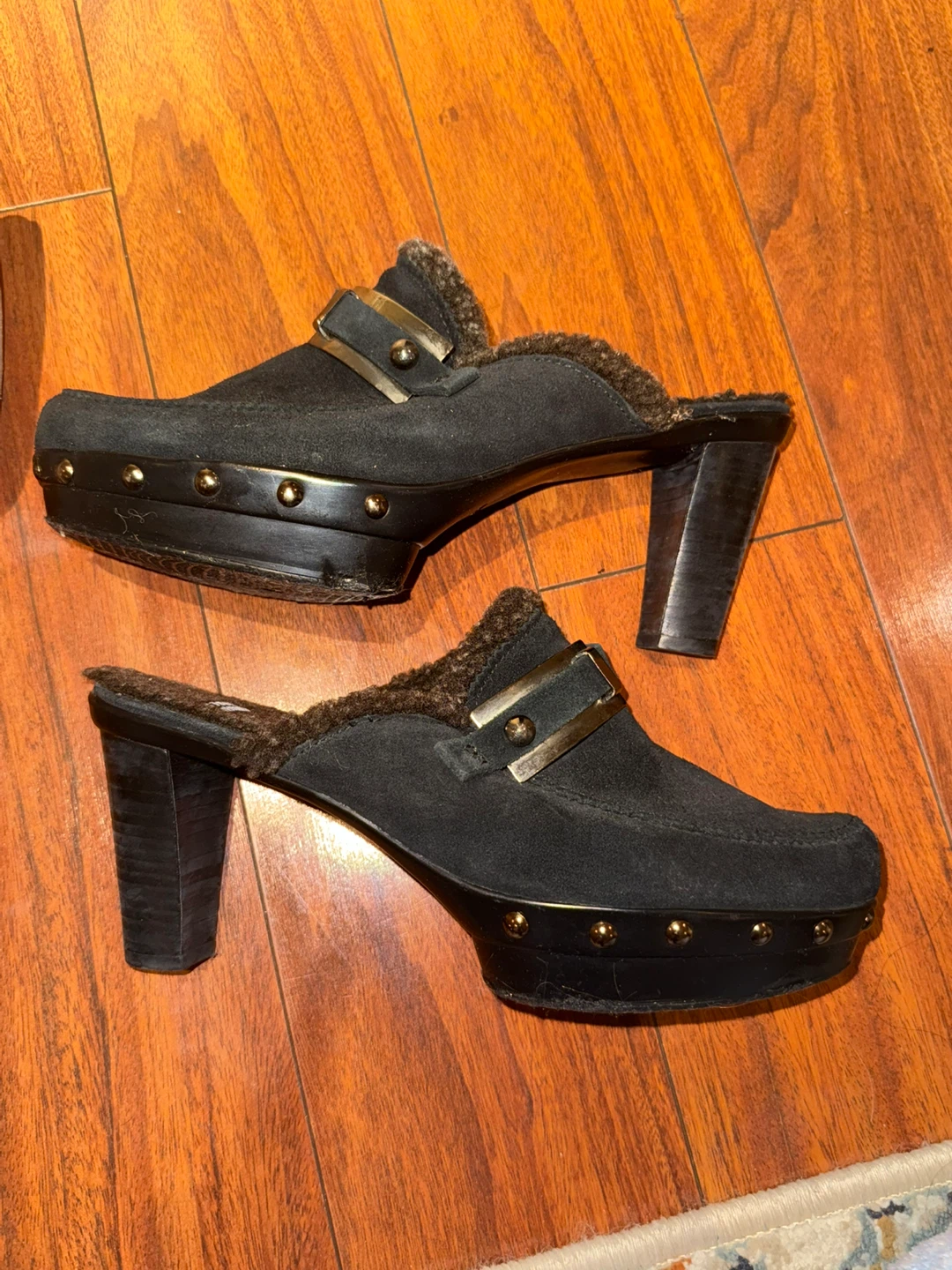 Stuart Weitzman Black Suede Fur Lined Clogs
