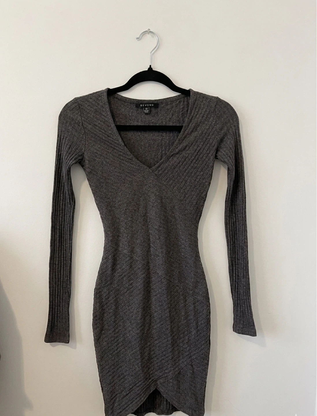 Grey Ribbed Long Sleeve Wrap Dress - Size Small - photo 2