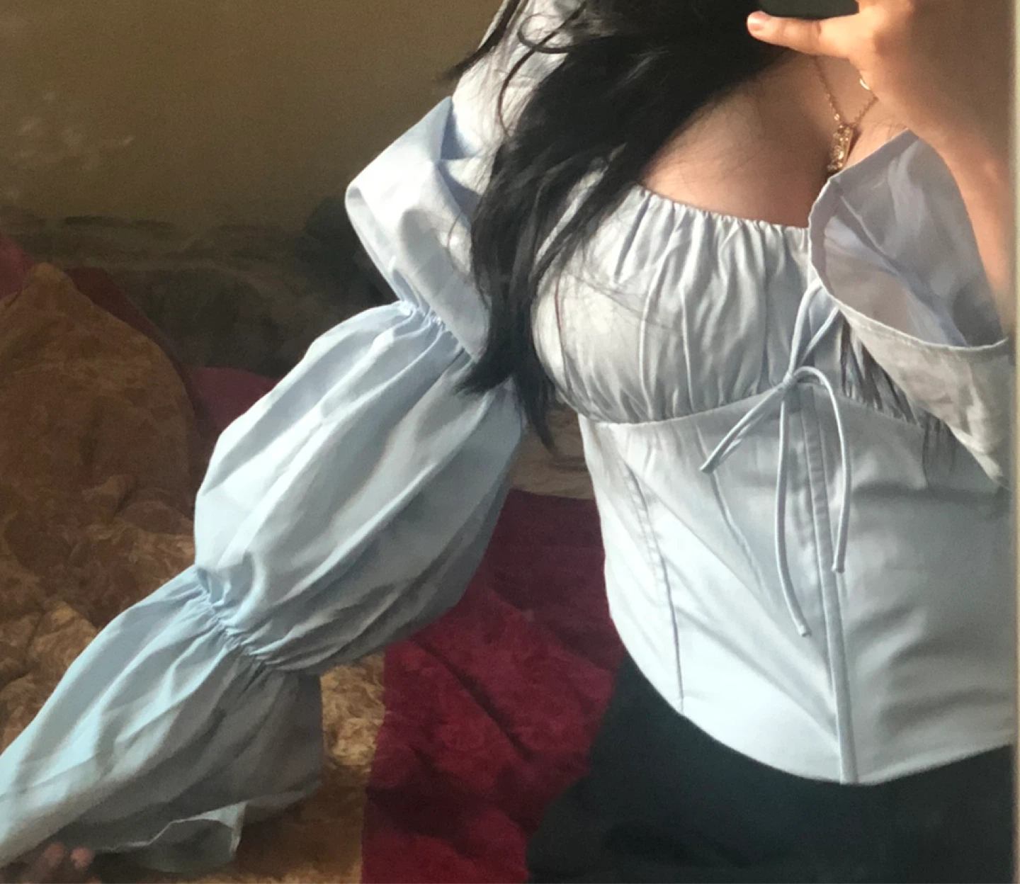 Light Blue Square Neck Puff Sleeve Corset Top