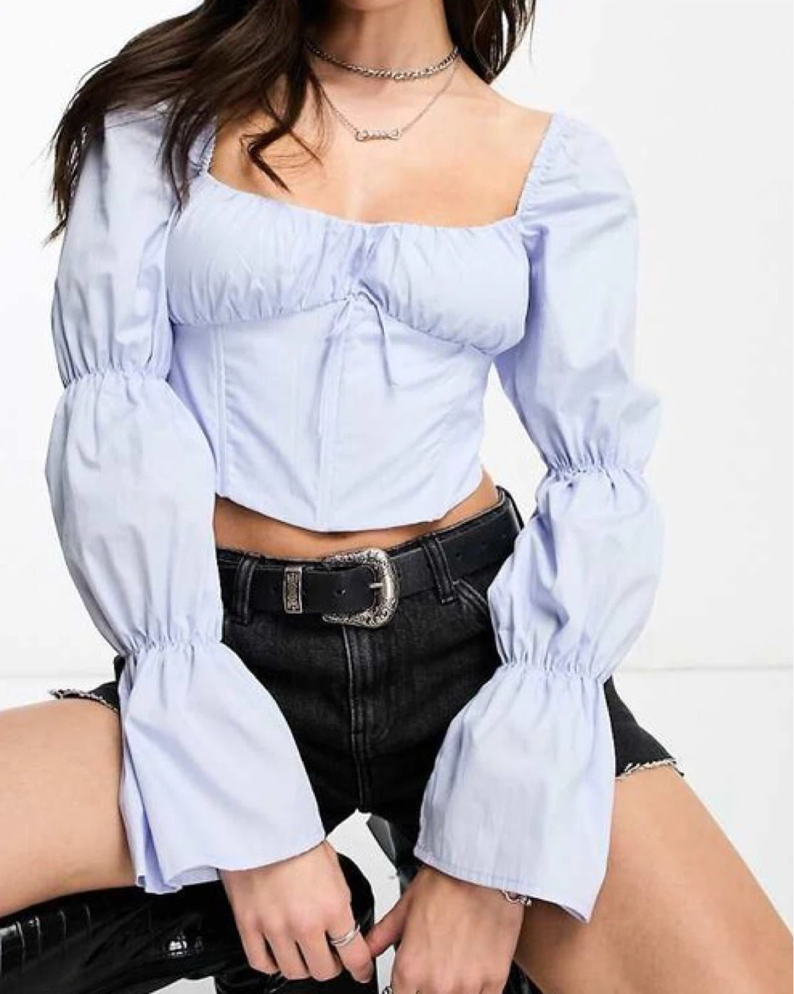 Light Blue Square Neck Puff Sleeve Corset Top - photo 2