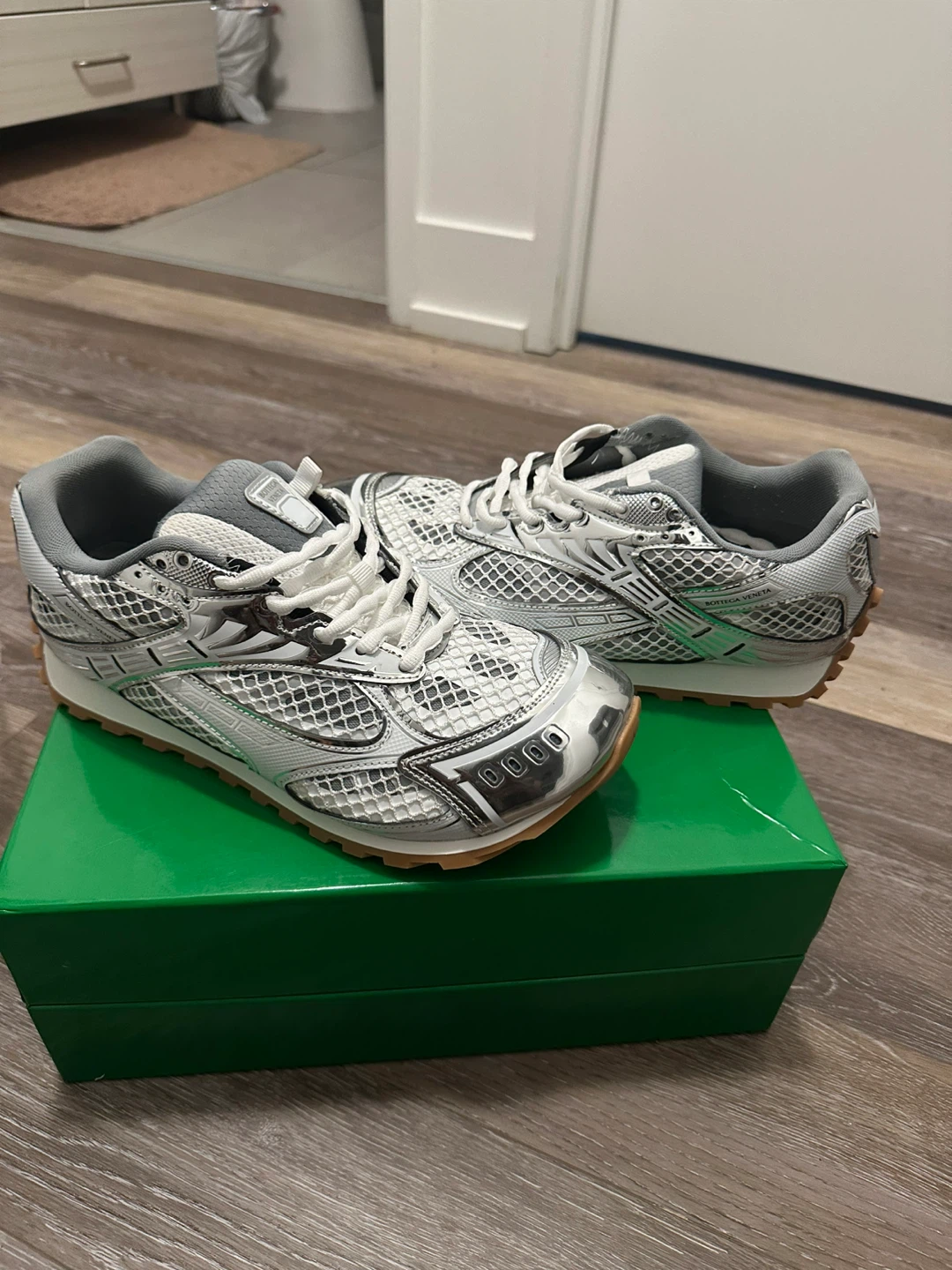 Bottega Veneta White & Silver Sneakers
