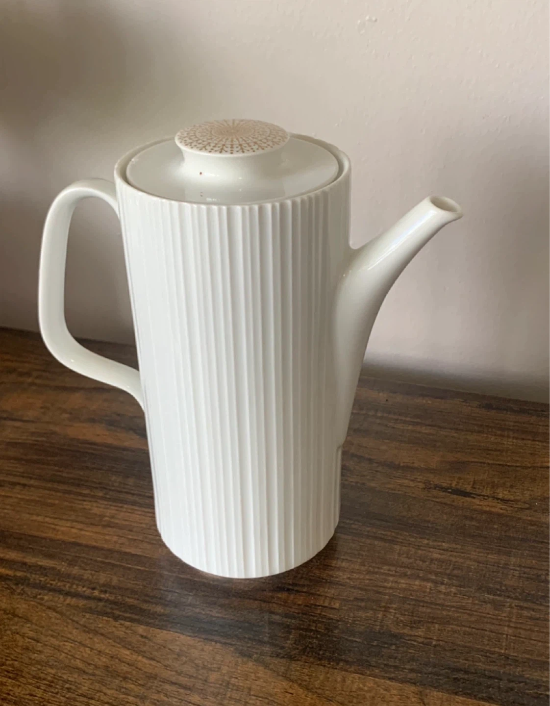 White Ceramic Coffee Pot with Gold Accent Lid