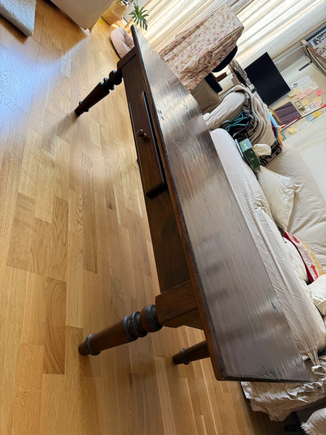 Pottery barn Antique Dark Wood Console Table with Drawer - photo 4