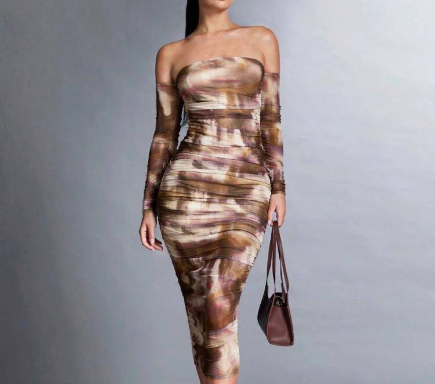 Off-the-shoulder ruched mesh midi dress