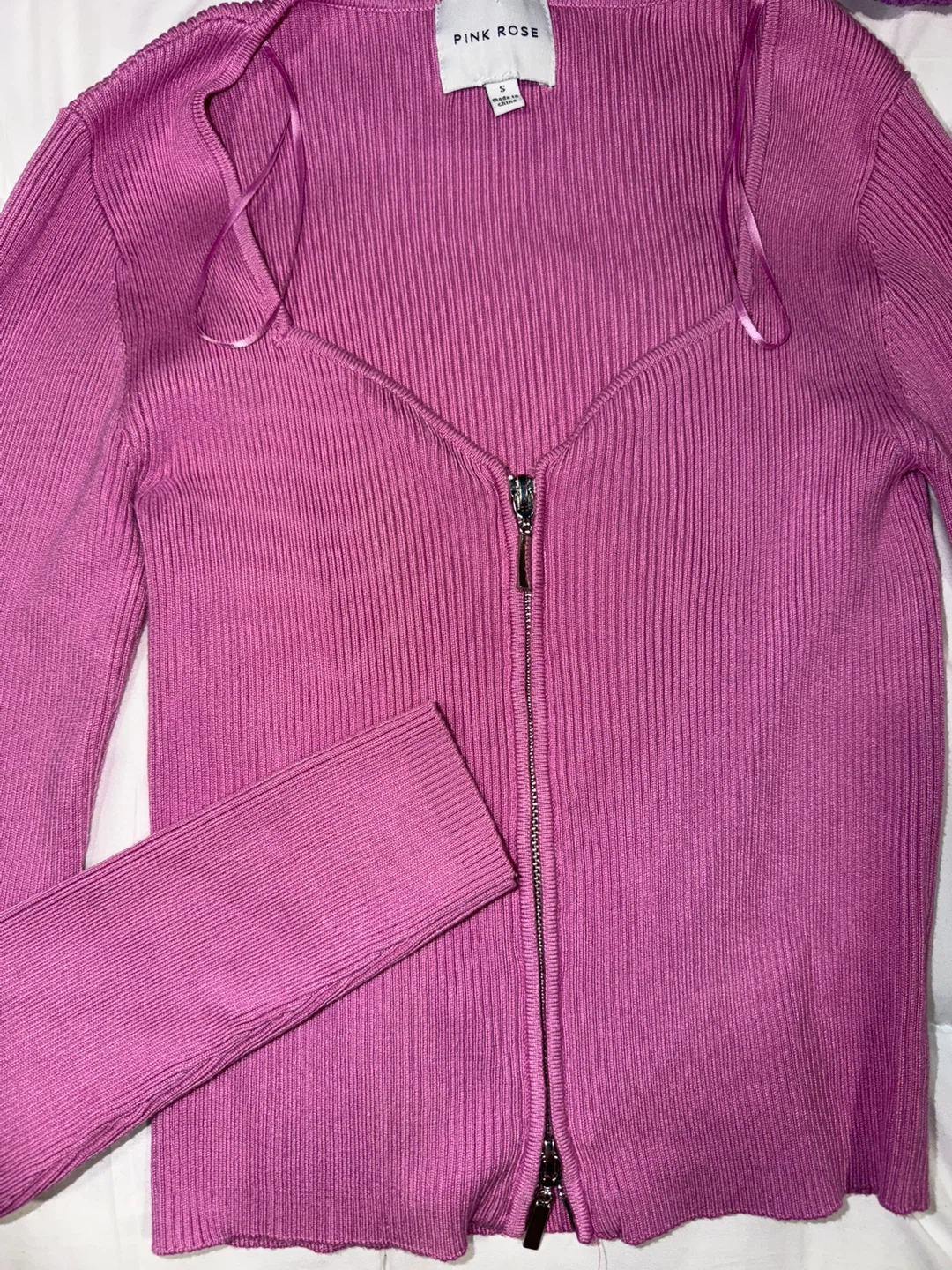 Pink Rose Zip-Up Ribbed Cardigan Size S