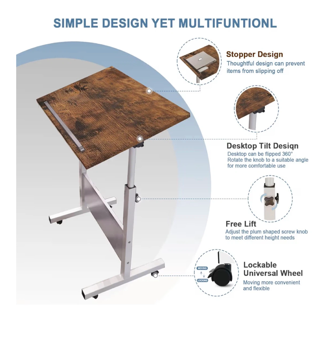 Adjustable Height Rolling Laptop Desk - Brown - photo 4