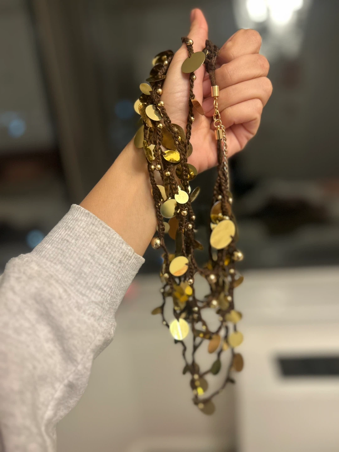 Brown Crocheted Necklace with Gold Sequins
