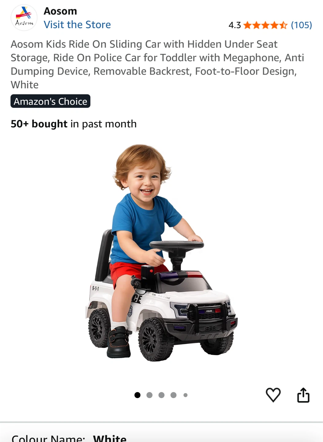 Aosom Kids Ride On Sliding Police Car - White