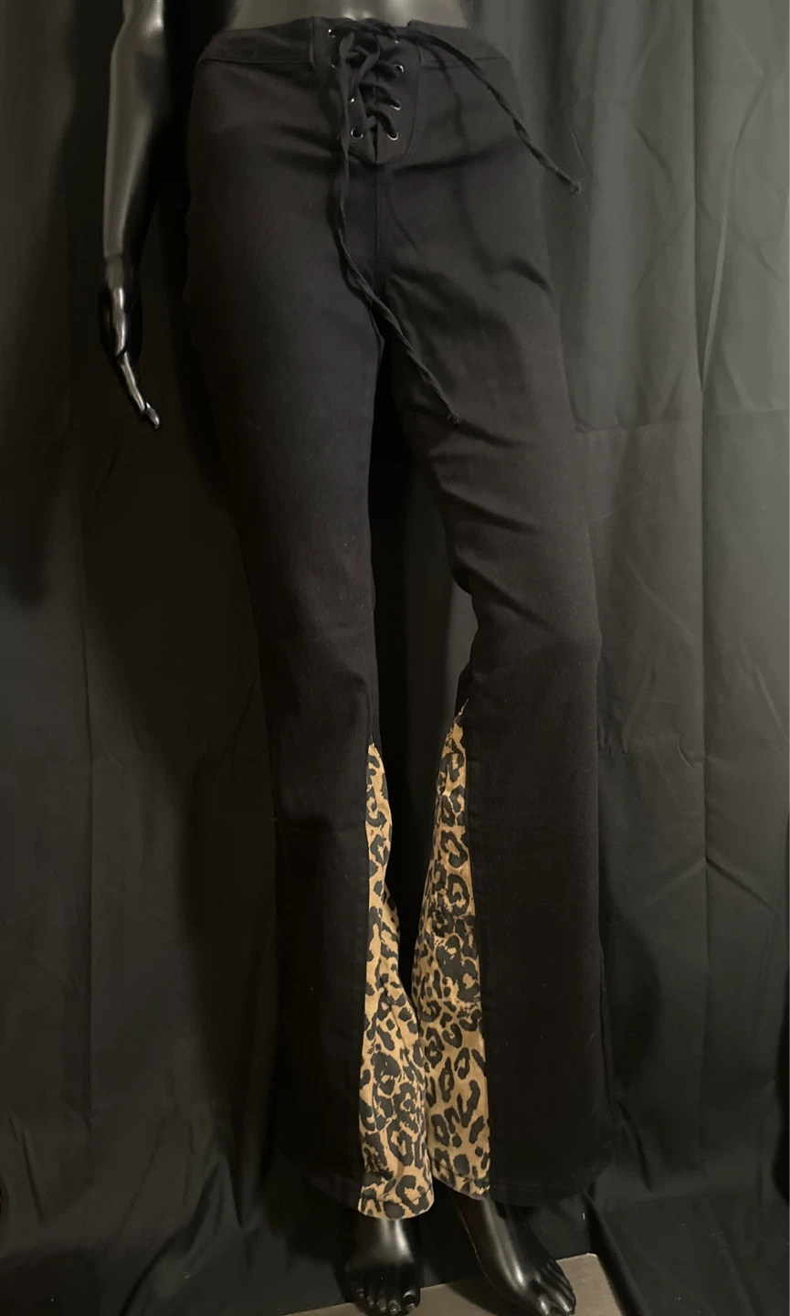 Black Flare Jeans with Leopard Print Inset - photo 2
