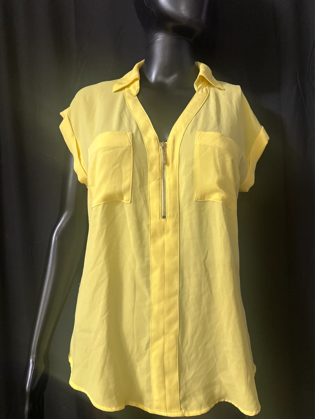 Yellow Short Sleeve Zip Front Blouse with Pockets