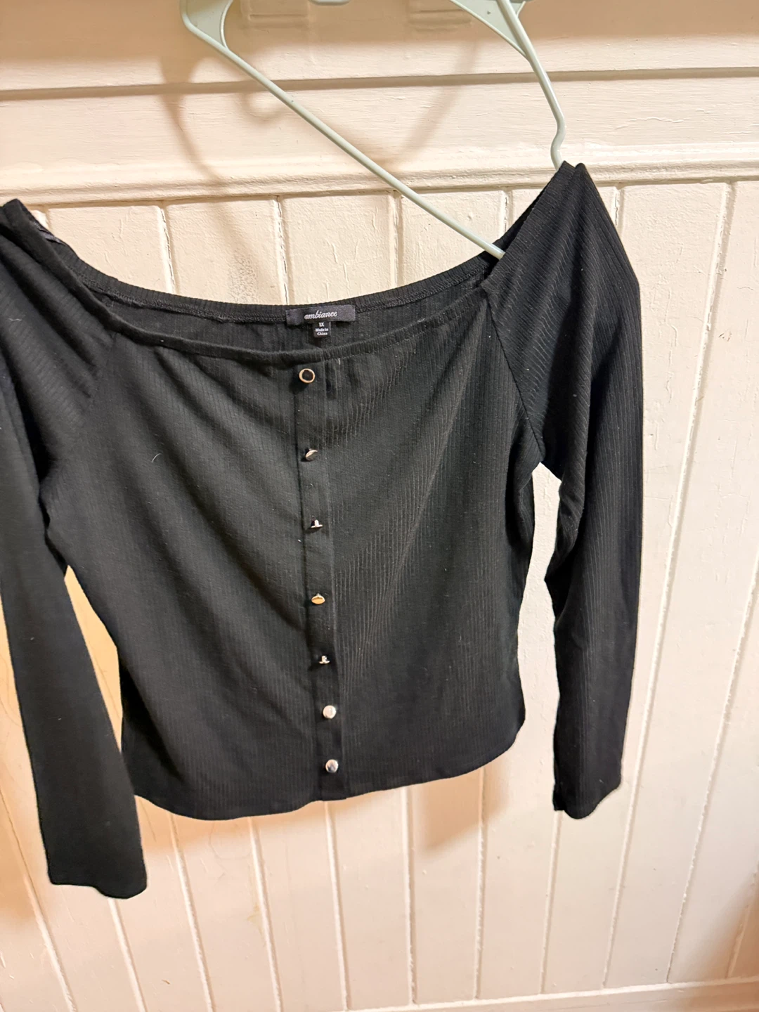 Ambiance Black Ribbed Button-Up Off-the-Shoulder Top 1X