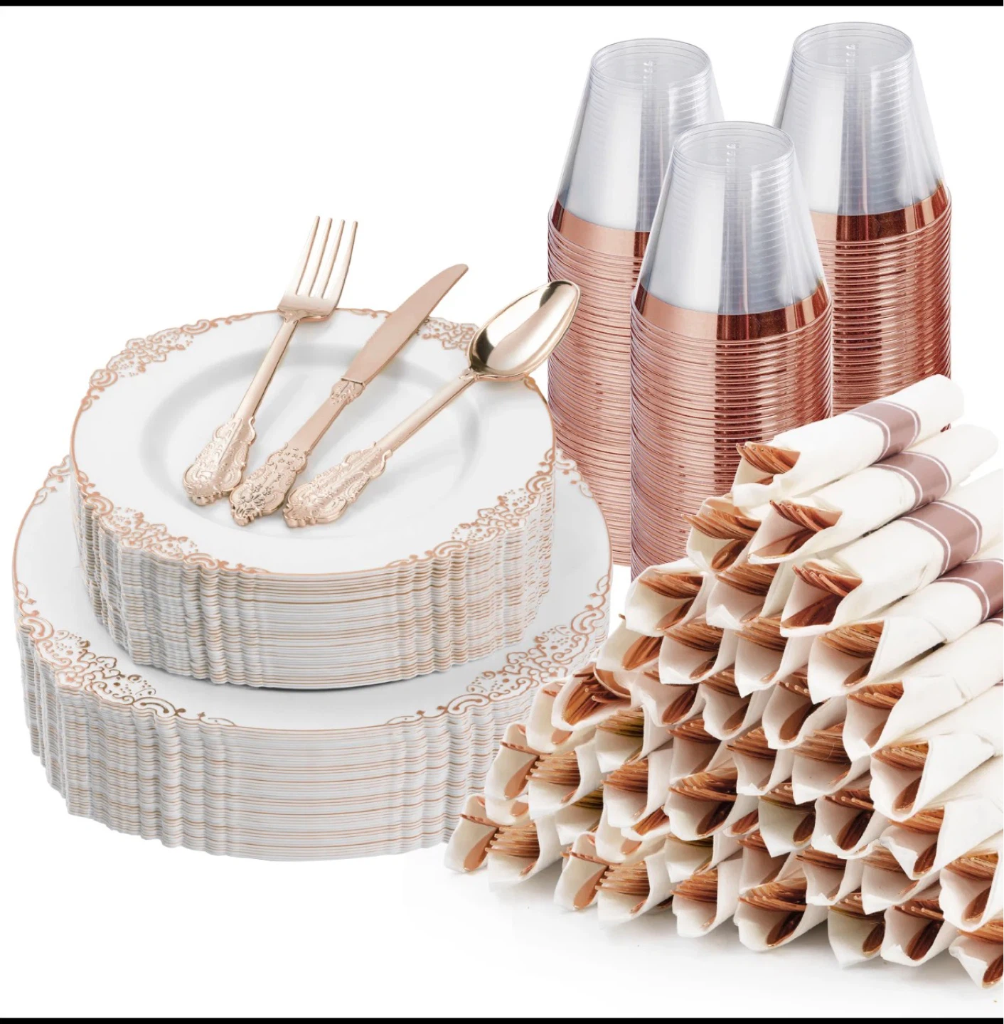Plastic Cutlery and Dinnerware Set - Rose Gold Trim