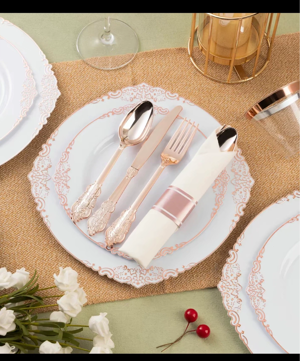 Plastic Cutlery and Dinnerware Set - Rose Gold Trim - photo 2