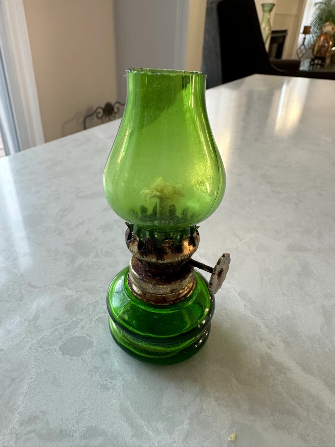 Green Glass Miniature Oil Lamp