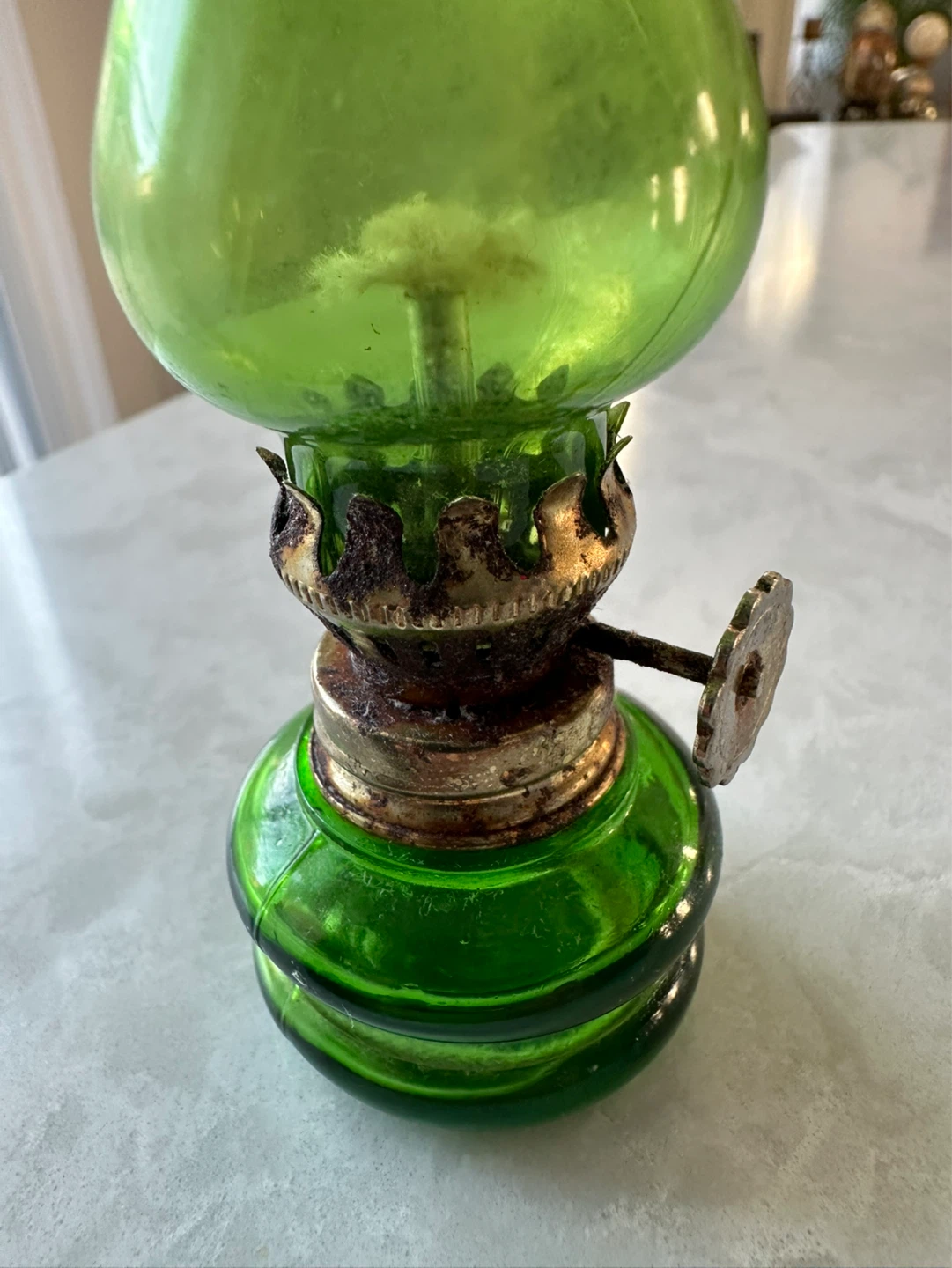 Green Glass Miniature Oil Lamp - photo 2