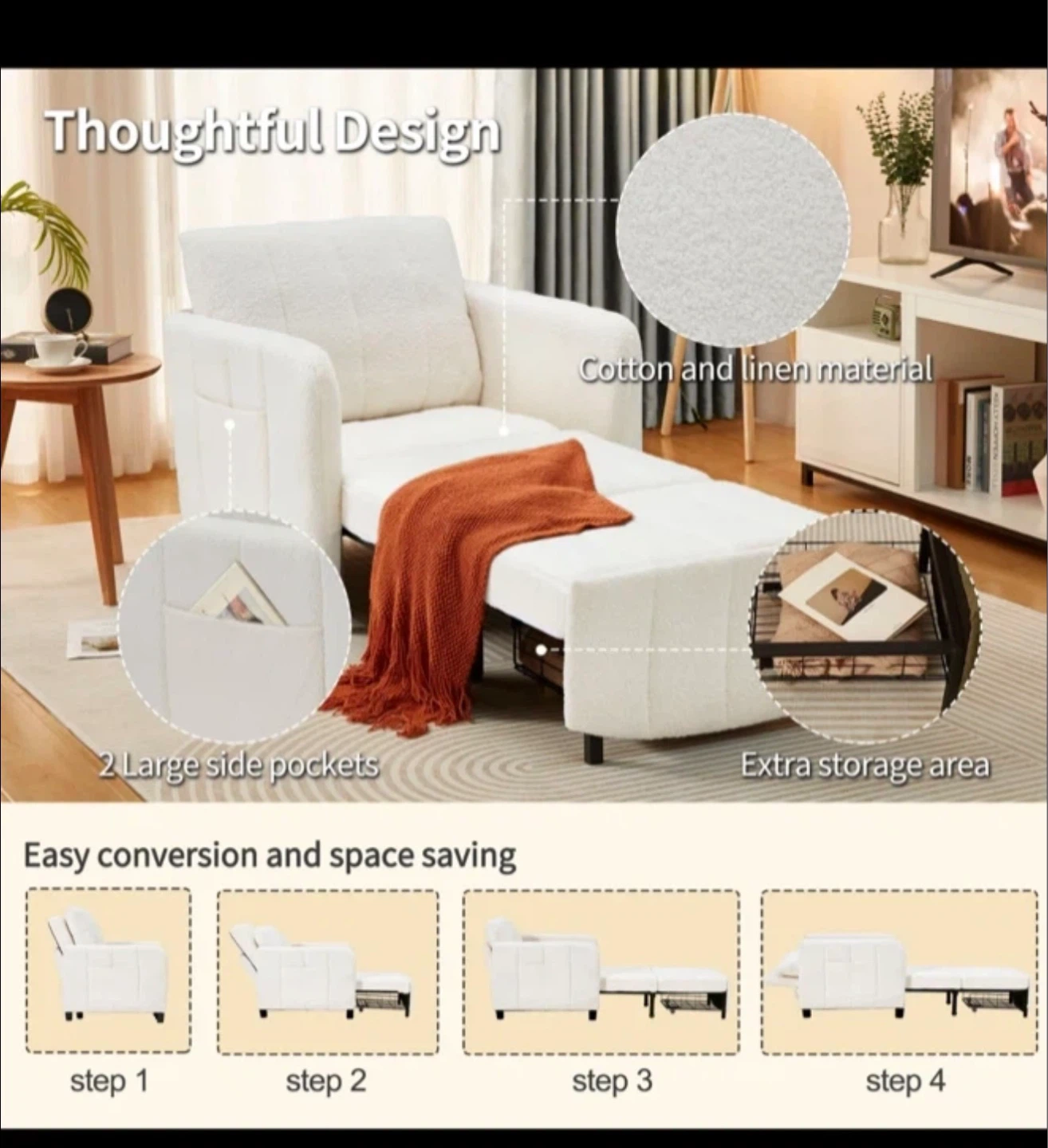 Convertible Sofa Bed Chair with Storage Pockets - photo 2