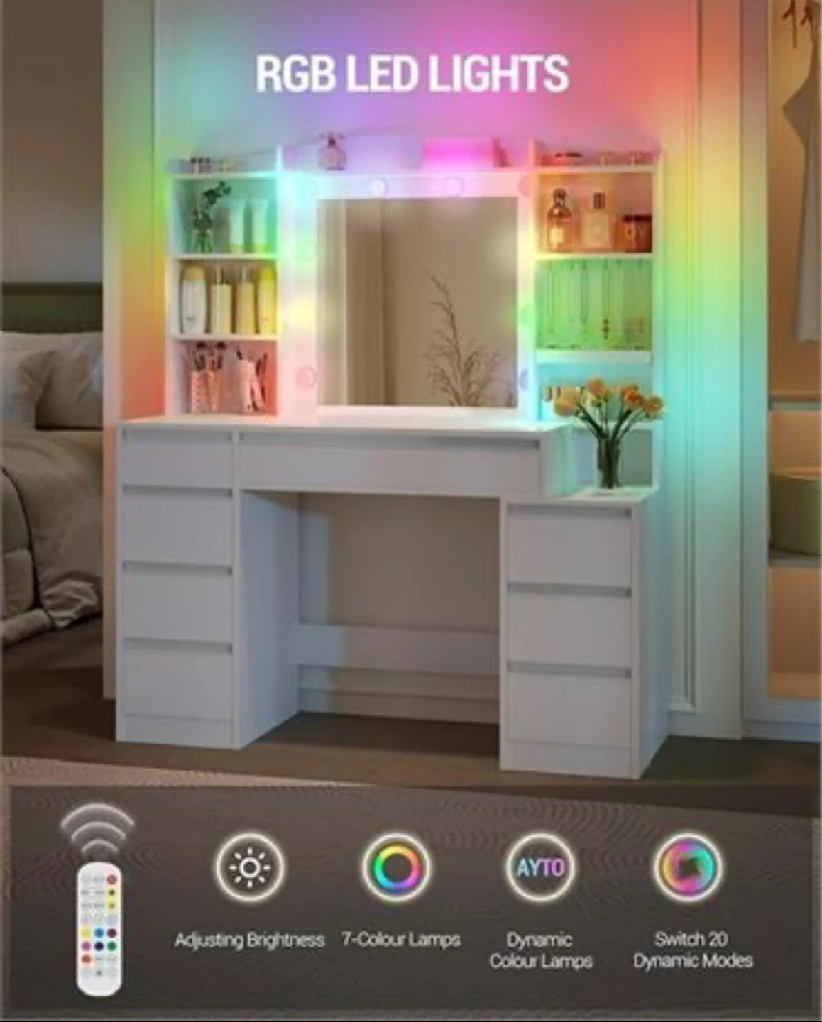 White Vanity Desk with Mirror and RGB LED Lights