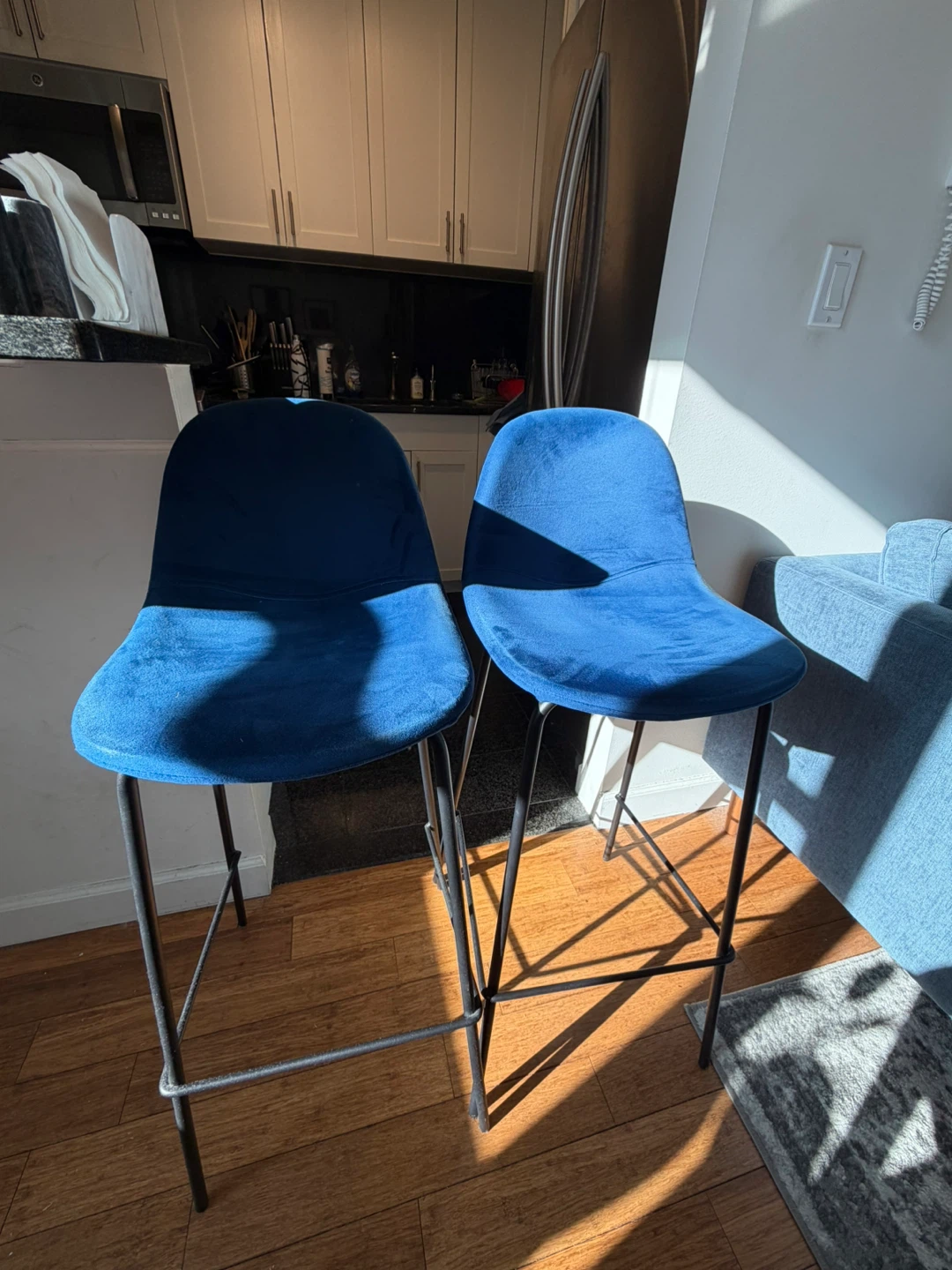 2 Blue Velvet Bar Stools