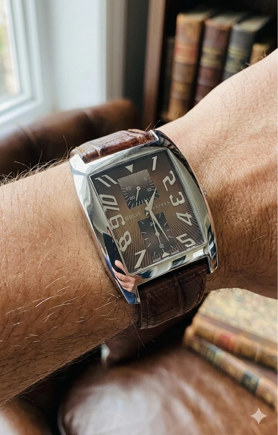 Guess Rectangular Wristwatch - Brown Leather Strap