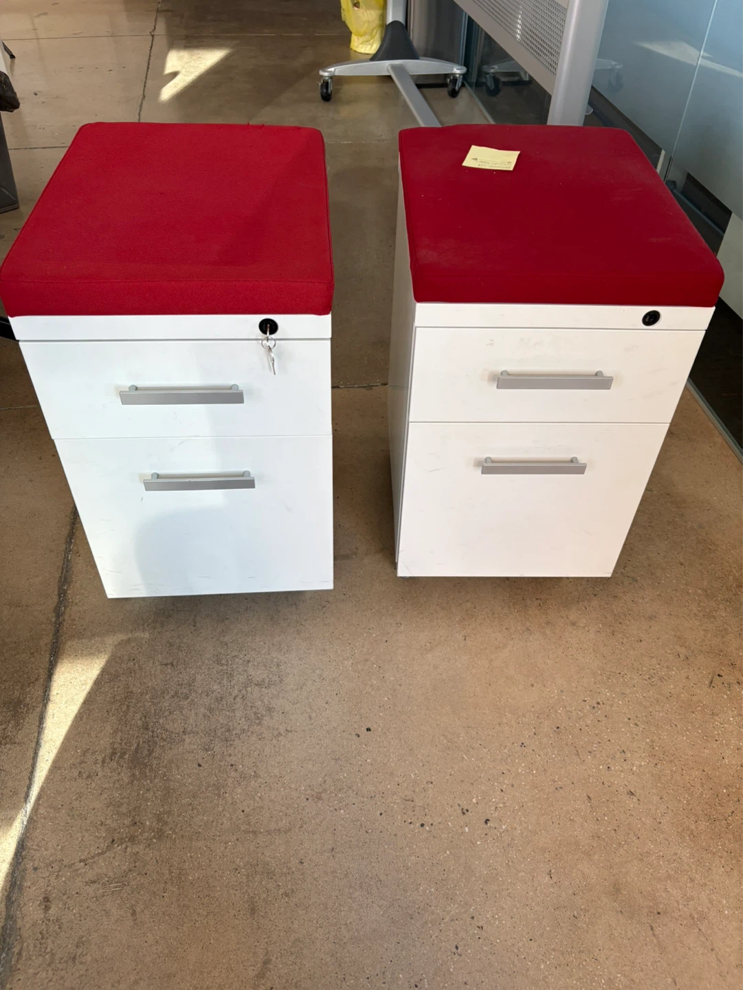 White 2-Drawer Mobile Pedestals with Red Cushions (Set of 2)