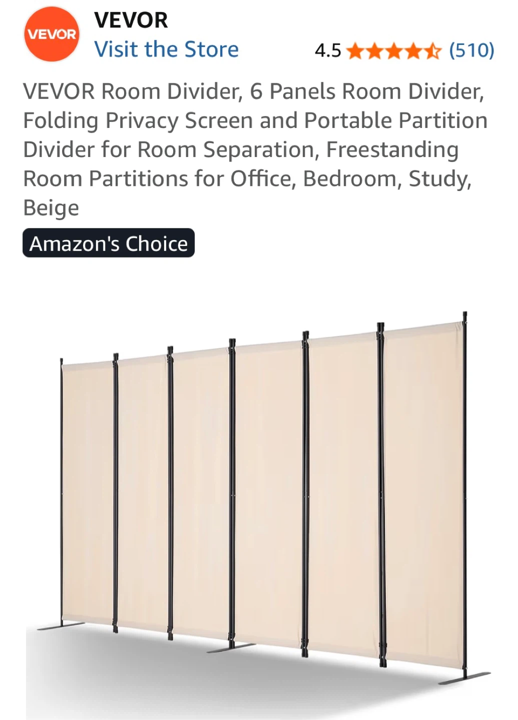 VEVOR 6 Panel Room Divider Screen - Beige