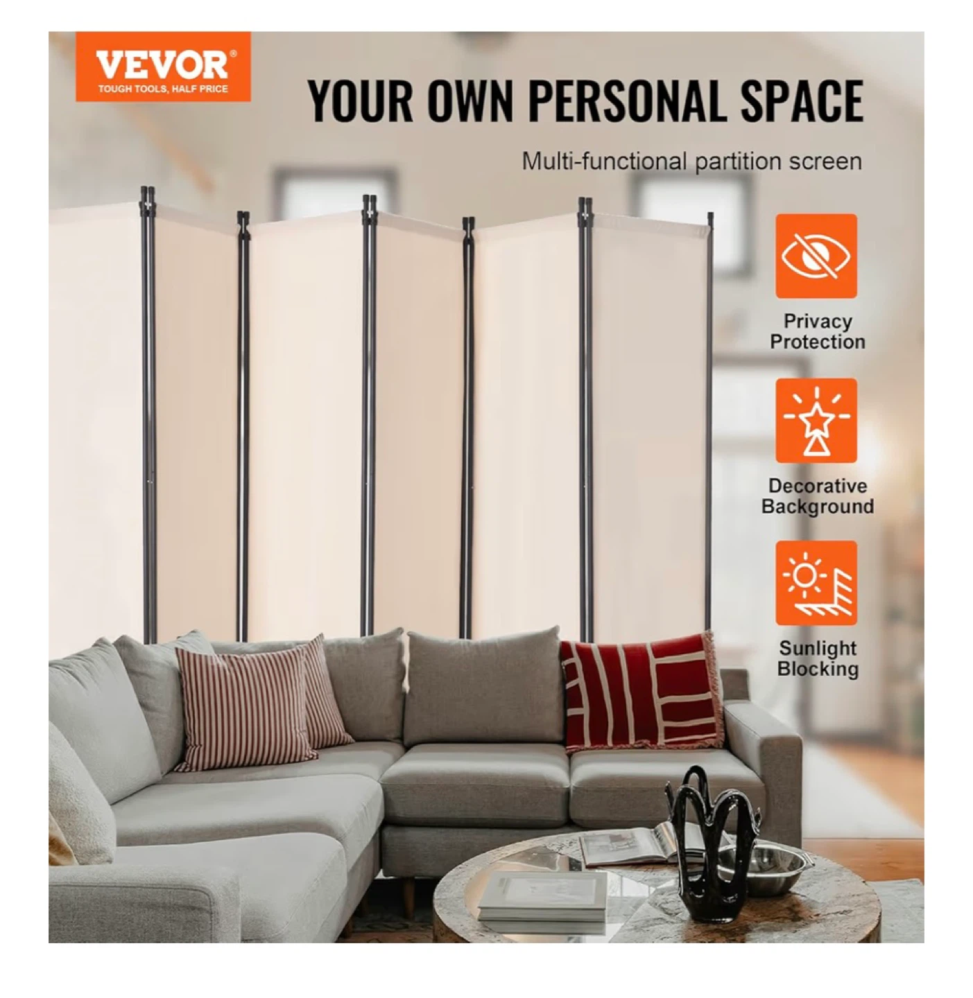 VEVOR 6 Panel Room Divider Screen - Beige - photo 3