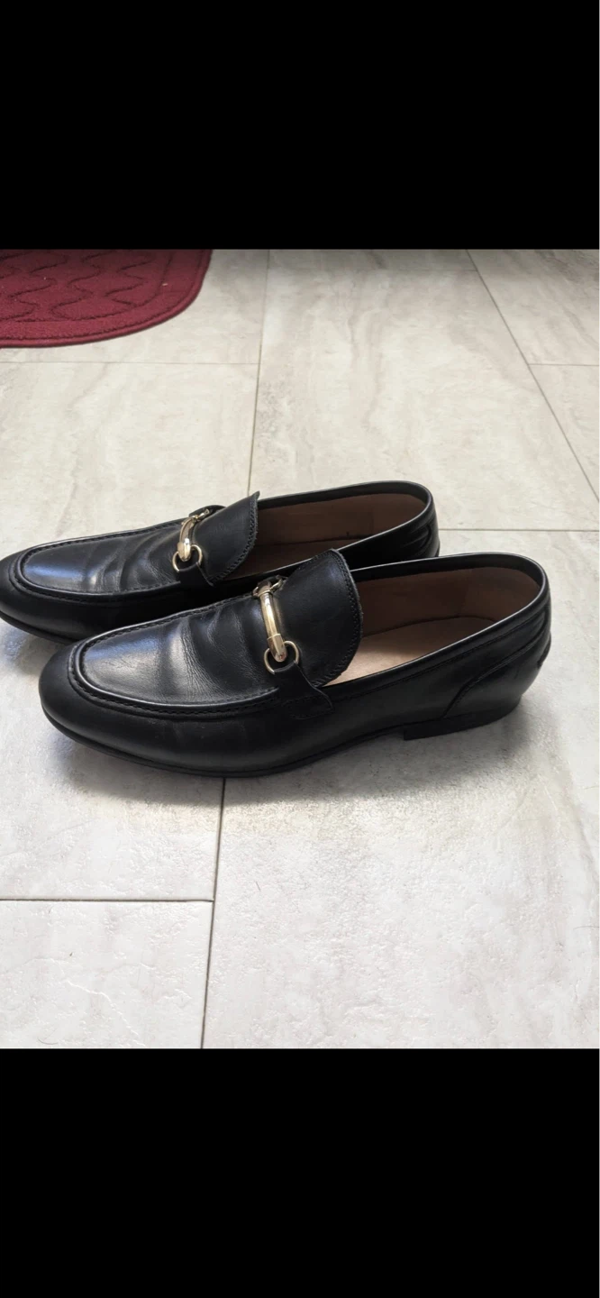 Black Leather Loafers with Gold Buckle