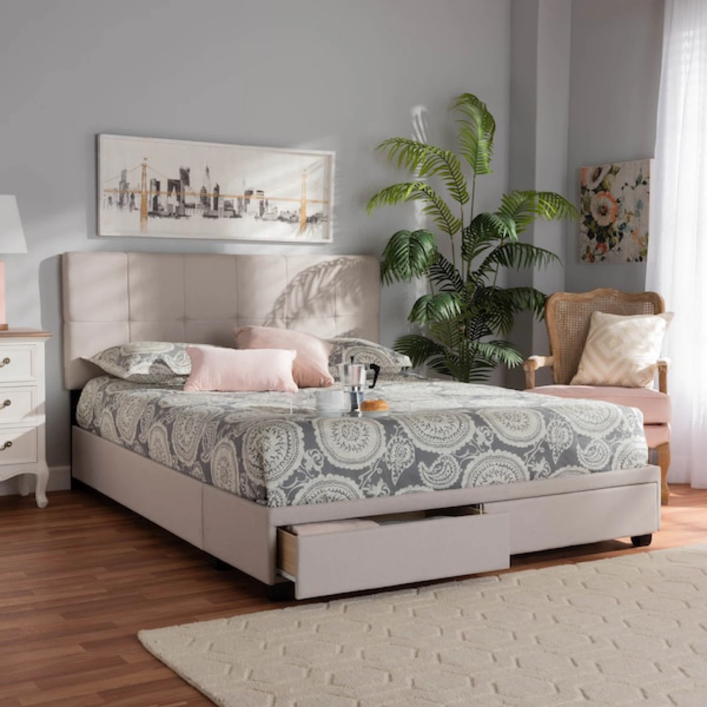 New Queen Size Beige Upholstered 2 Drawer Platform Storage Bed - photo 2