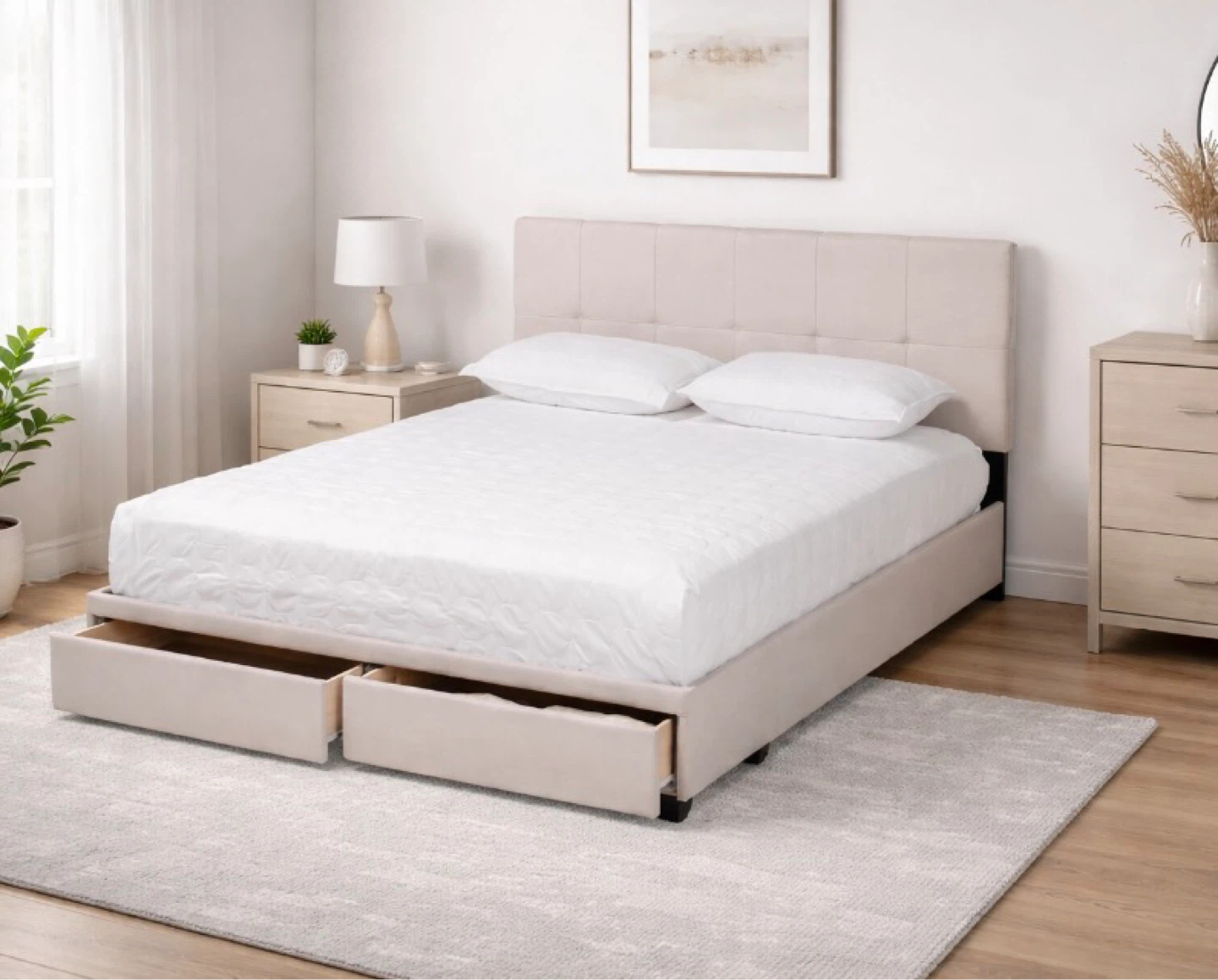 New Queen Size Beige Upholstered 2 Drawer Platform Storage Bed