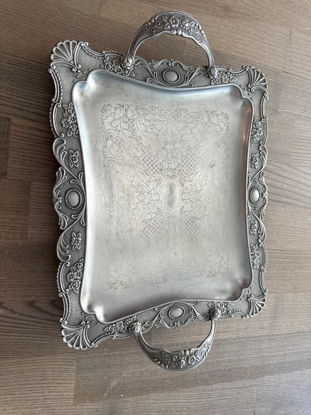 Ornate Metal Serving Tray with Handles